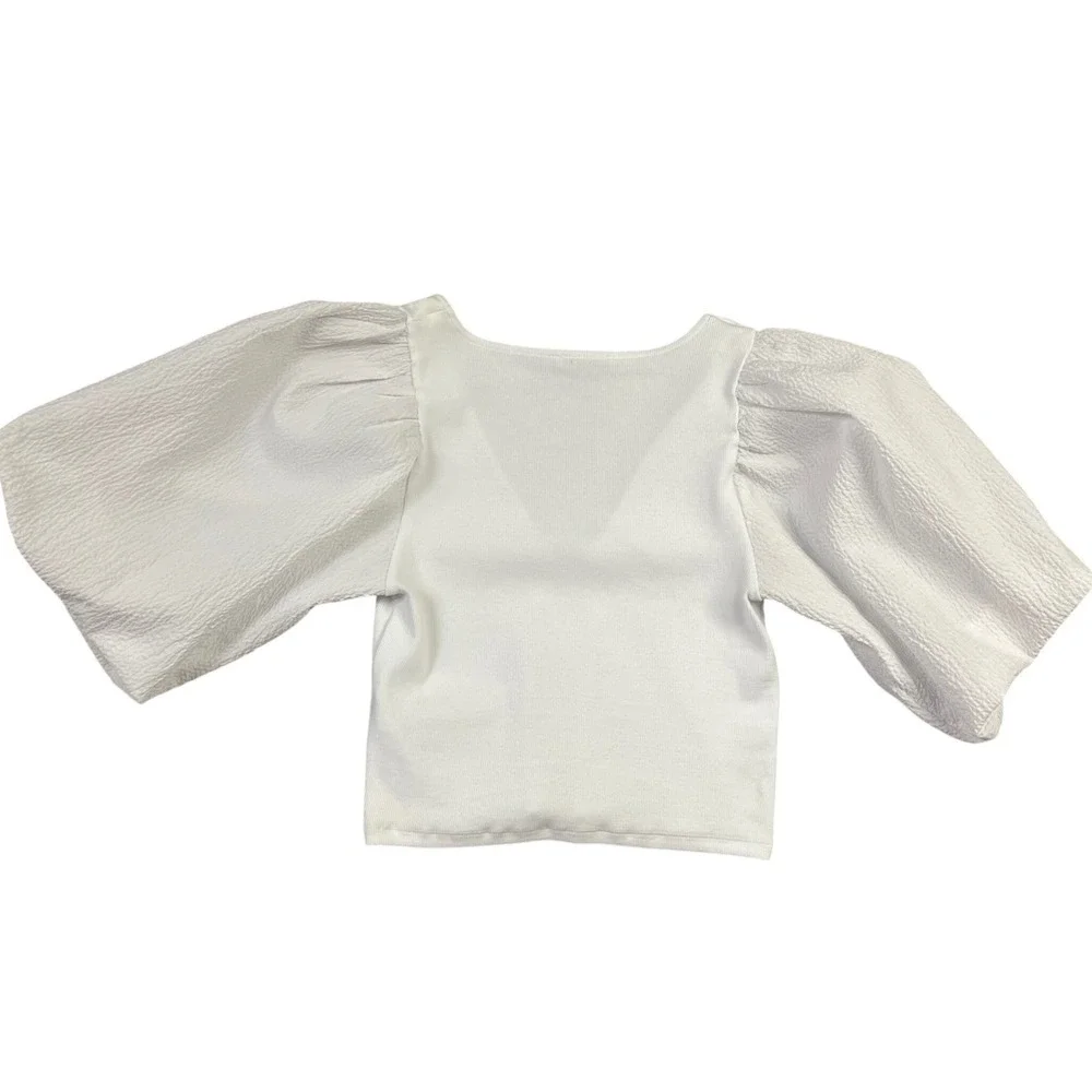 Zara Top Statement Ribbed Knit V‎ Neck White Puff Seersucker Sleeve Turkey L